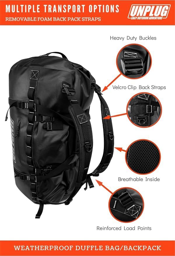 UNPLUG Ultimate Adventure Bag | 1680D Heavy Duty Waterproof Bag | Large Travel Duffle Bag which can be Used for Camping, Motorcycling, Boating, or Hunting