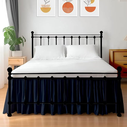Shreem Linen Ruffled Bed Skirt with Split Corners, Gathered Style, 100% Microfiber, 15-Inch Drop, Dust Ruffle Bedskirt with Platform, Olympic Queen, Navy Blue