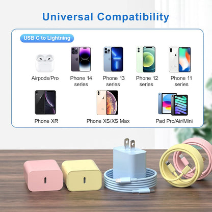 Compatible with iPhone 14 13 12 Charger, 20W Fast Charging Wall Charger,10 FT USB ightning Cable,Phone Charger Cord for Phone 14/13/12/12 Pro Max/11/Xs Max/XR/X,AirPods Pro and More(Pink/Yellow/Blue)
