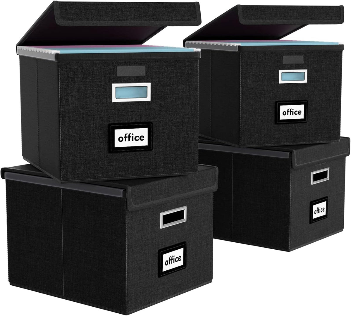 Huolewa New Portable File Organizer Boxes Set of 4, Collapsible Linen Hanging Filing Storage Boxes with Plastic Slide, Decorative Home/Office Filing System for File and Folders Storage (Black)