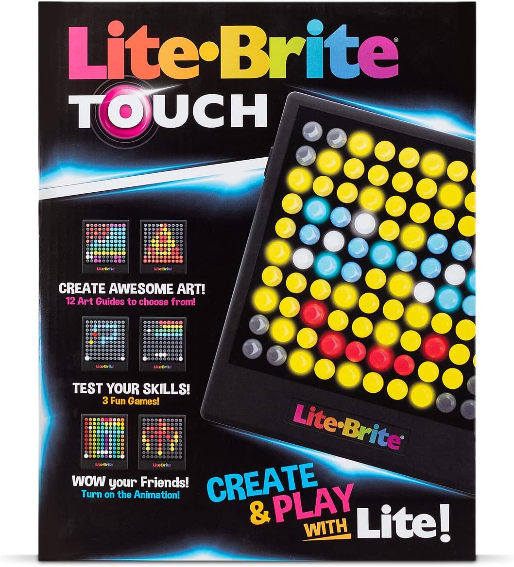 Lite-Brite Touch - 12 Art Guides, 100 Light-Up Buttons, 7 Colors, Portable Stem Learning Toy for Ages 6+