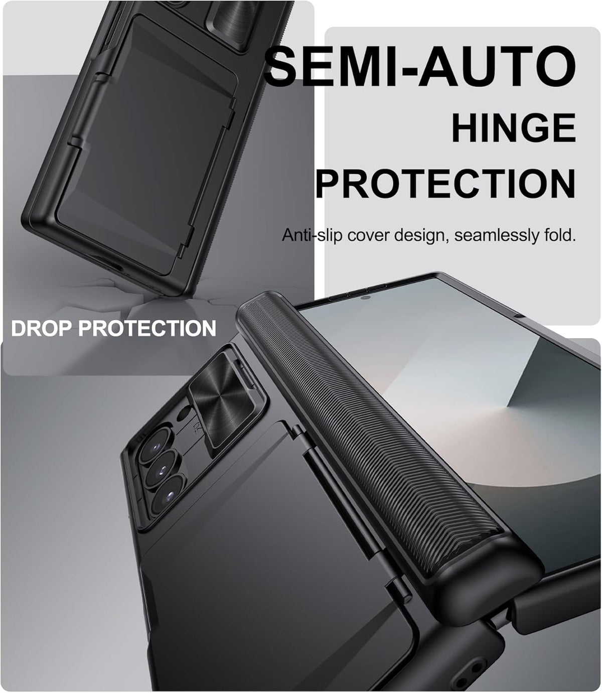 for Samsung Galaxy Z Fold 6 Case with Card Holder & Slide Camera Cover, Built-in Screen Protector & Hinge Protection, Shockproof Durable Wallet Phone Cover Case for Galaxy Z Fold 6 2024, Black