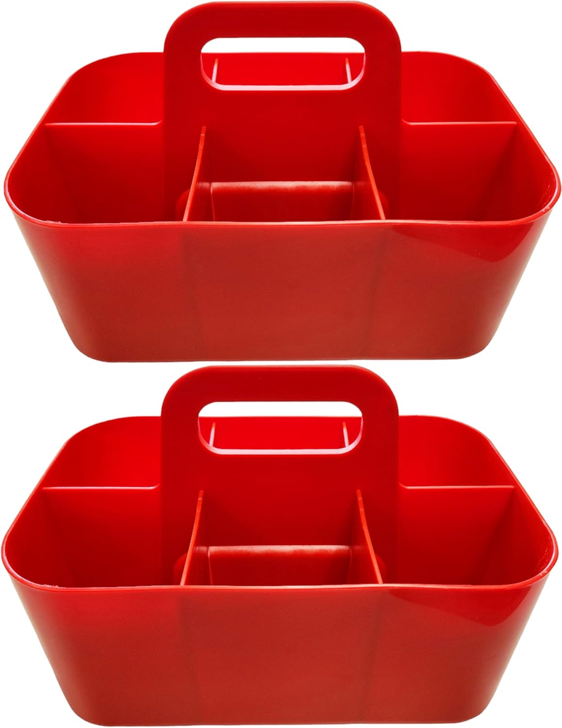 2 Pack Small 6 Compartment Multiuse Caddy Organizer with Handle Art Craft Supplies, Office, Desk, Stationery Pen Holder Stackable- Made In USA (Red)