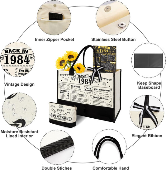 YeohJoy 41st Birthday Gifts for Her Canvas Tote Bag Travel Gear, Unique 41 Years Old Birthday Gifts for Girlfriend Sister Friends Women, Vintage 1984 Handbag & Cosmetic Bag & Back in 1984 Poster