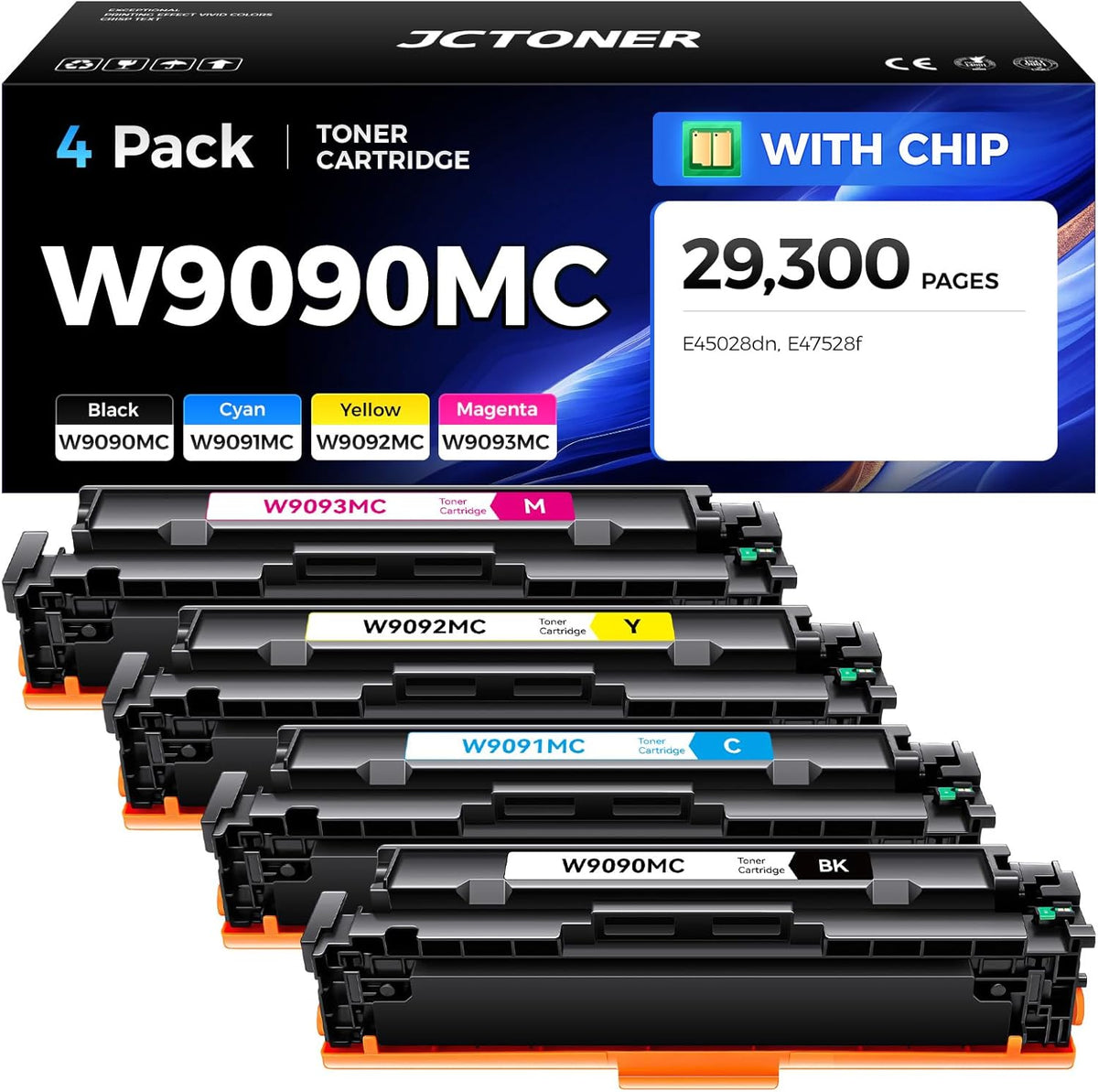 W9090MC High Capacity Toner Cartridge Set 4-Pack with Chip Replacement for HP W9090MC W9091MC W9092MC W9093MC Compatible with HP Color LaserJet Managed E45028dn MFP E47528f Printer Ink Copy Black Cyan