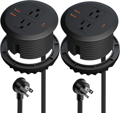 2pcs 3 Inch Desktop Power Grommet,GaN 65W USB C High-Speed Charging Station,3-USB Port,Flush Mounted for 3-1/8" Round Holes,Flat Plug.Desk Grommet Outlet for Workspace,Laptops,6.3ft,Black