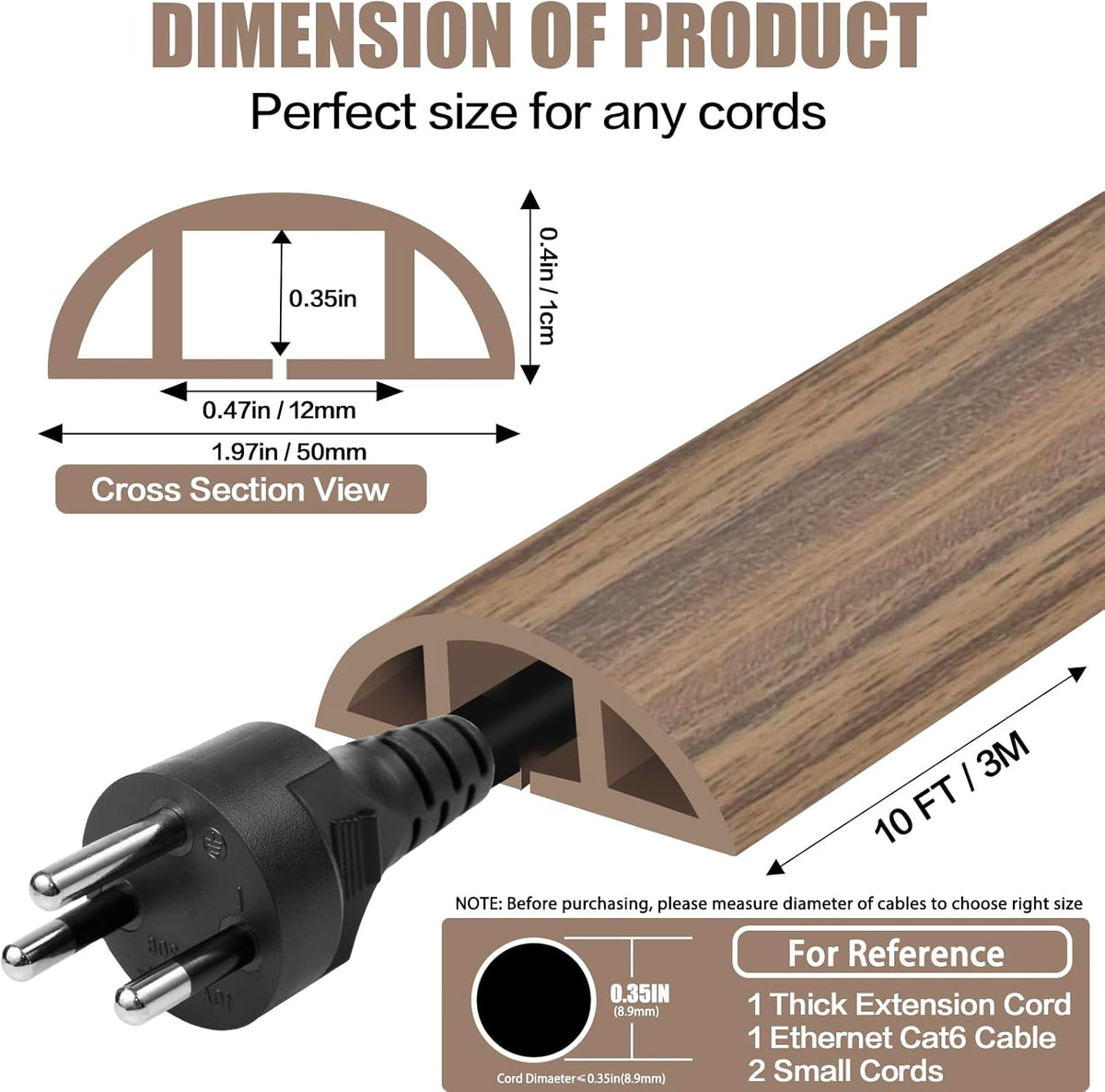 Floor Cord Cover Self Adhesive Cord Hider,10FT Cable Management, Extension Strip Protector for Wires, Prevent Cable Trips for Offices, Gyms, Exhibitions Cavity:0.47"(W) x0.35(H) Woodsmokedbrown