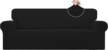 Easy-Going Stretch Sofa Slipcover 1-Piece Sofa Cover Furniture Protector Couch Soft with Elastic Bottom for Kids, Polyester Spandex Jacquard Fabric Small Checks (Sofa, Black)