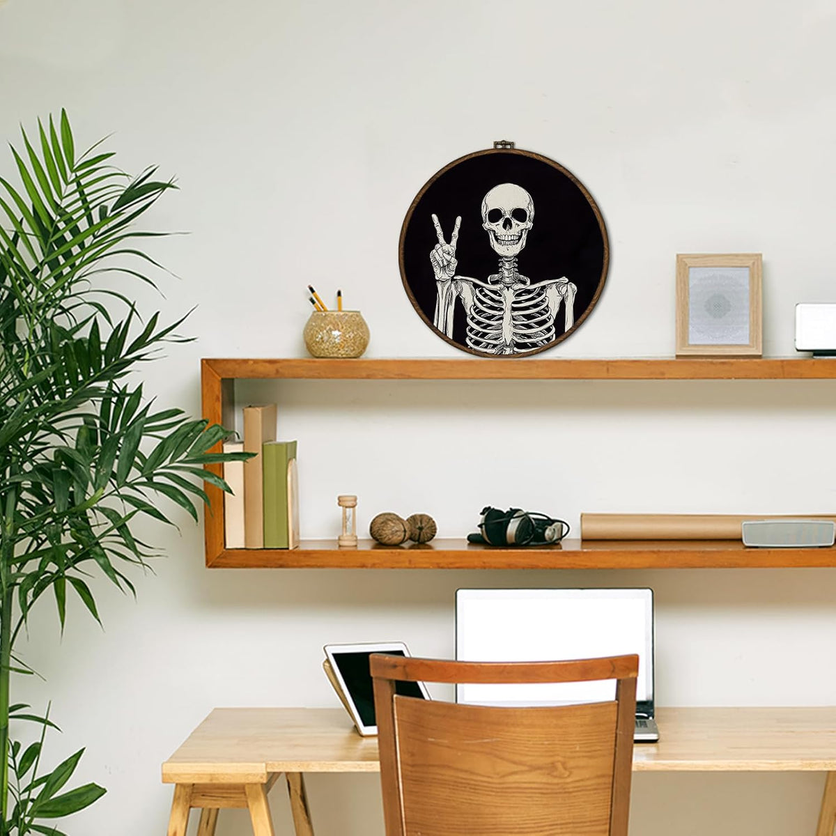 cvjutf Gothic Skeleton Wall Art Decor Framed, Dark Academia Decor, Witchy Halloween Round Wall Decor, Gothic Halloween Skull Canvas Prints Art for Gallery Bathroom Living Room, 10x10 Inch