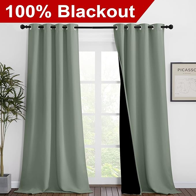 NICETOWN Greyish Green Blackout Curtains 90 inches Long, Full Light Blocking Drapes with Black Liner for Nursery, Thermal Insulated Draperies for Hall, Villa (2 Pieces, 46" Wide Each Panel)