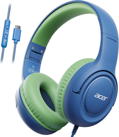 acer kids headphones purple green - over-ear volume limiter 85db foldable stereo sound headset for toddlers girls boys travel learning entertainment