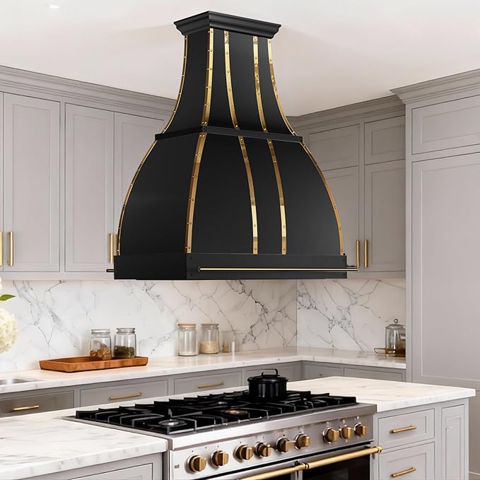 CHETTO C Stainless Steel Range Hood Cover with 4-Speed Vent Hood Insert Custom Handmade Metal Kitchen Fan with Towel Rack LED Light 42"W x27"D x45"H Black Island Mount