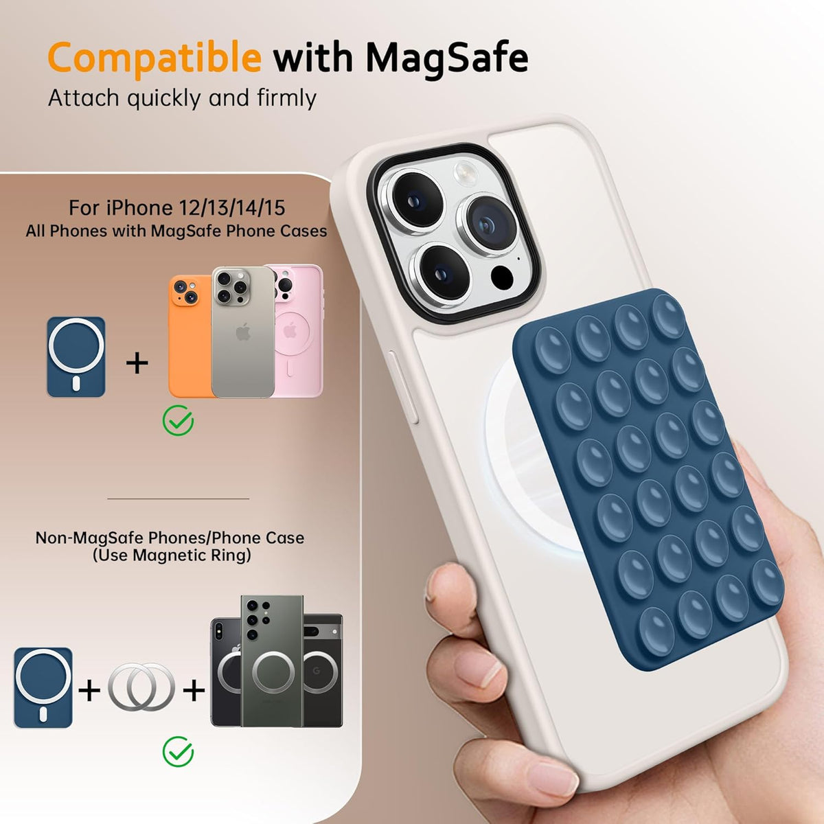 GONEZ Magnetic Suction Cup Phone Mount for MagSafe Case, Removable Silicone Sticky Grip for iPhone 12/13/14/15/16, Hands-Free Selfies and Videos for TikTok & Instagram Influencer/Creator, Ocean Blue
