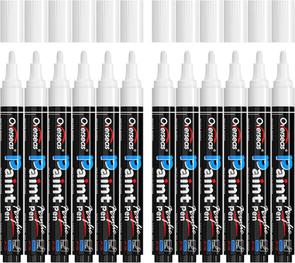 Overseas White Paint Pens - Permanent Acrylic Paint Markers 12 Pack, Water-Based, Quick Dry, Waterproof Marker Pen for Rock, Wood, Plastic, Metal, Canvas, Glass, Fabric, Tire, Mugs. Medium Tip