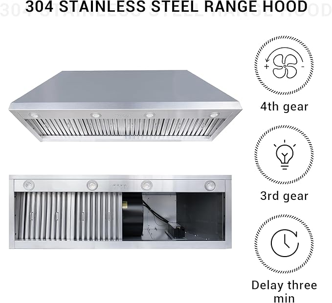 CHETTO C Stainless Steel Range Hood Cover with Quiet Vent Hood Insert Custom Handcrafted Metal Kitchen Fan with Towel Rack LED Light 54"W x27"D x45"H Brushed Stainless Steel Island Mount