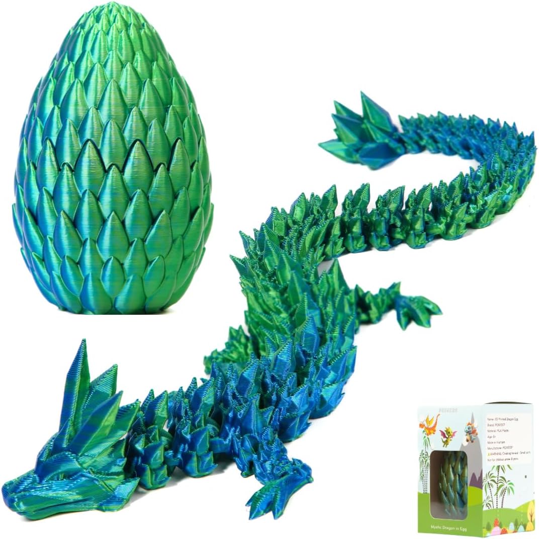 POIVOCF3D Printed 12” Articulated Crystal Dragon Inside 5.1” Egg – Fantasy Collectible, Fidget Toy & Stocking Easter Basket Stuffers for Home & Office Decor (Laser Blue)