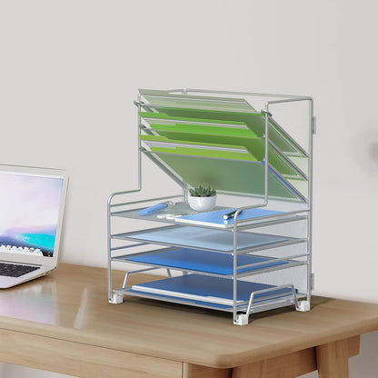 4-Tier Paper Organizer + 3-Pocket File Holder + Drawer + Pen Holders, Desktop File Organizers Paper Tray for Office Supplies School Classroom Organization (Silver, with Drawer & Pen Holder)
