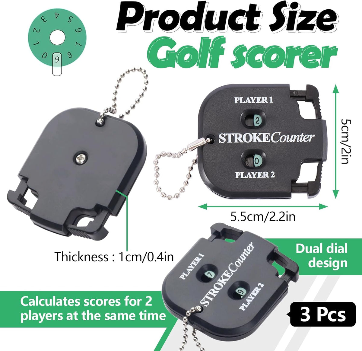 3 Pack Portable Golf Stroke Counter with Key Chain, 2 Player Shot Score Clicker Counter Handheld Small Digital Tally Counter for Golf Game Scoring Keeper Pitch Men Women