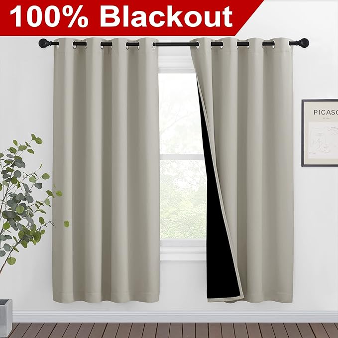 NICETOWN 100% Blackout Window Curtain Panels, Full Light Blocking Drapes with Black Liner for Nursery, 72-inch Drop Thermal Insulated Draperies (Natural, 2 Pieces, 46-inch Wide Per Panel)