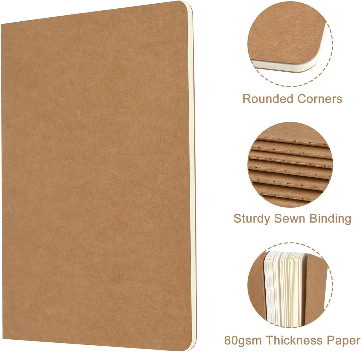 ZCZN 5 Pack A5 Kraft Notebooks Bulk, 8.15x5.5 Inches Blank Journaling Notebooks, Notebooks for Work, Composition Notebooks for School, Journal notebooks for kids, 60 Pages