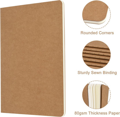 ZCZN 5 Pack A5 Kraft Notebooks Bulk, 8.15x5.5 Inches Blank Journaling Notebooks, Notebooks for Work, Composition Notebooks for School, Journal notebooks for kids, 60 Pages