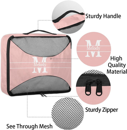 Custom Packing Cubes with Name, 4Pcs/Set Travel Luggage Packing Organizers Set for Women, Pale Pink Background with Initial Letter
