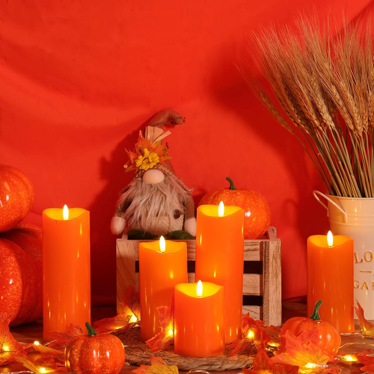 Outdoor Flameless Candles with Remote Timer - Waterproof Realistic Flickering LED Pillar Electric Battery Operated Fake Candle for Halloween Holiday Home Fireplace Decor - Orange 2 Pack (6"6")