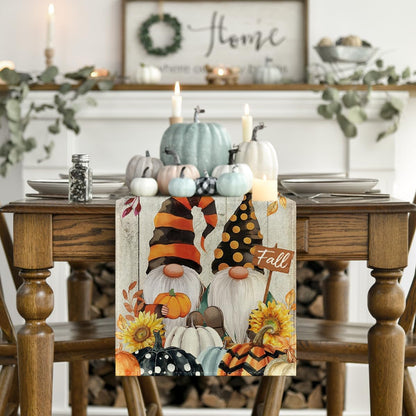 Artoid Mode Wood Gnomes Pumpkins Sunflower Maple Leaves Fall Table Runner, Kitchen Dining Table Decoration for Home Party Decor 13 x 90 Inch
