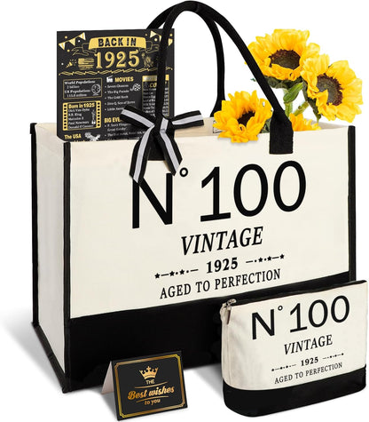 100th Birthday Gifts for Women Canvas Tote Bag Travel Gear,Unique 100 Years Old Gifts for Wife Mom Sister Aunt Friends Her, Vintage N°100 Handbag & Cosmetic Bag & Back in 1925 Poster