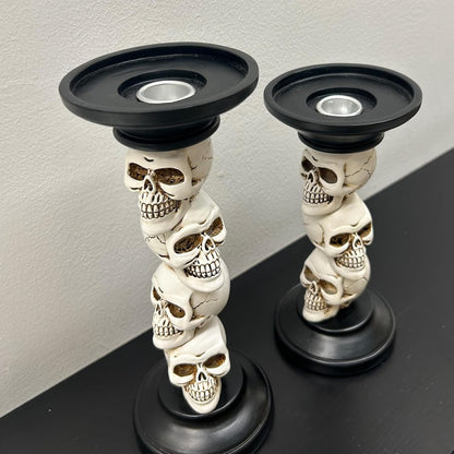 Vintage Resin Skull Skeleton Candle Holders - Set of 2 for Halloween Decor