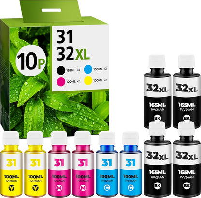 31 32XL Ink Bottle Set for Smart Tank Ink 5101 7602 5000 5103 651 6001 7301 7001 Compatible with HP 31 32XL Ink Bottle Set for Smart Tank 5000 5101 7602 7301 7001 5102 7002 7006 551 Printers, 10 Packs