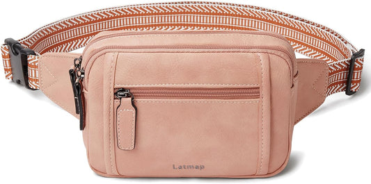 3L TRIPLE ZIP Fanny Packs Belt Bag For Women Men Crossbody Waist Pack Sling Chest Bum Travel Bag Purse Faux Leather Fashion Cute Light Pink