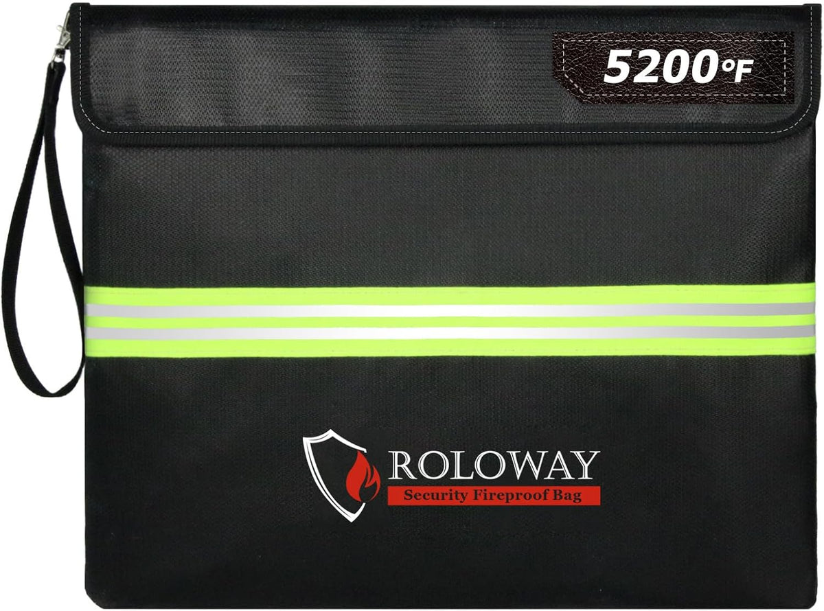 ROLOWAY Fireproof Document Bag (14 x 11 inch) with 5200℉ Upgraded Aluminum Foil Layer, Fireproof Bag for Documents with Reflective Strip and Zipper (Black)