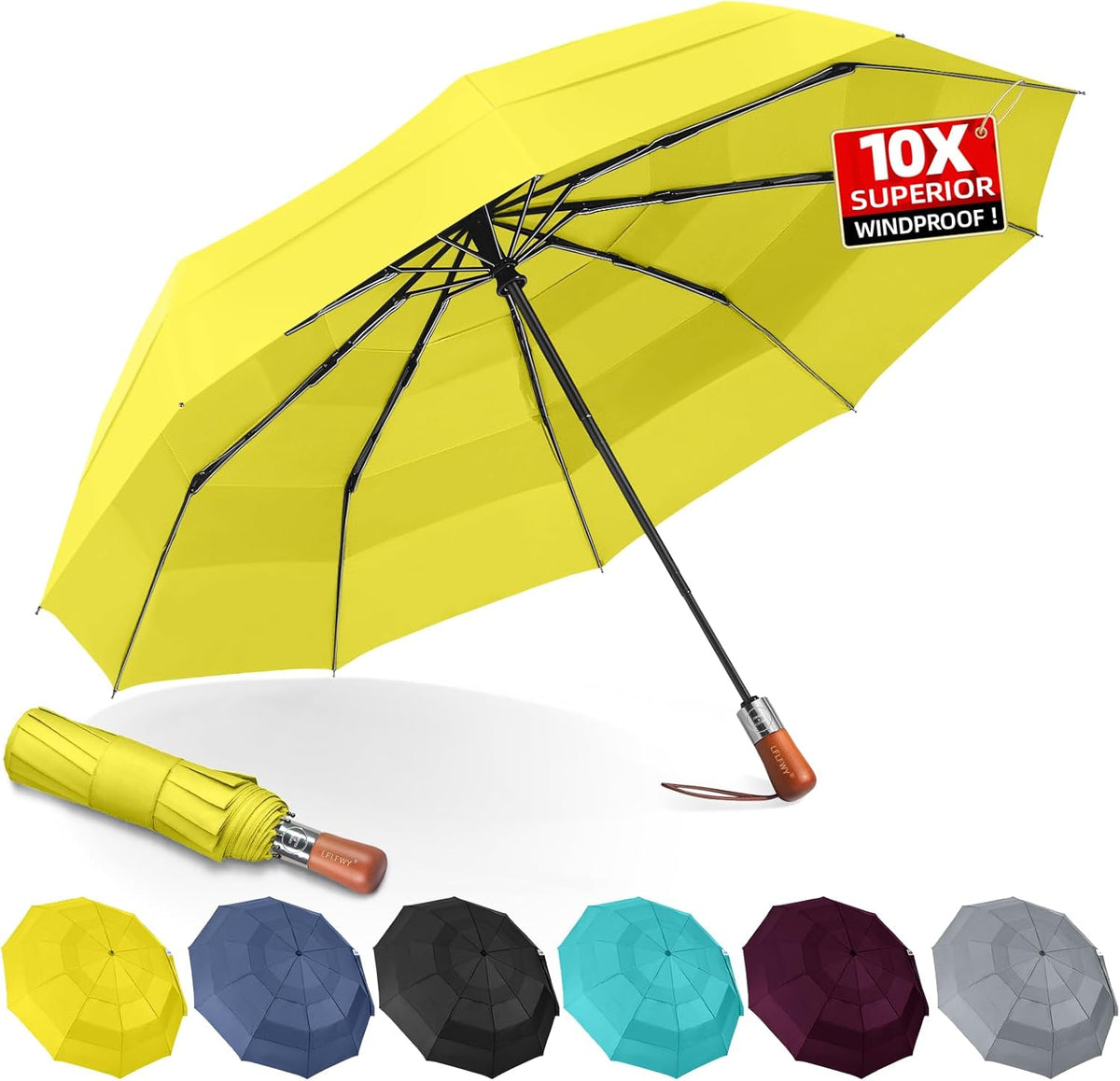 Umbrella Strong Windproof, Triple-Layer Canopy, 10 Fiberglass Ribs, Auto Open/Close, Wooden Handle, Sleeve with Anti-Loss Hook, Umbrellas for Travel & Commute & Daily Use & Gift