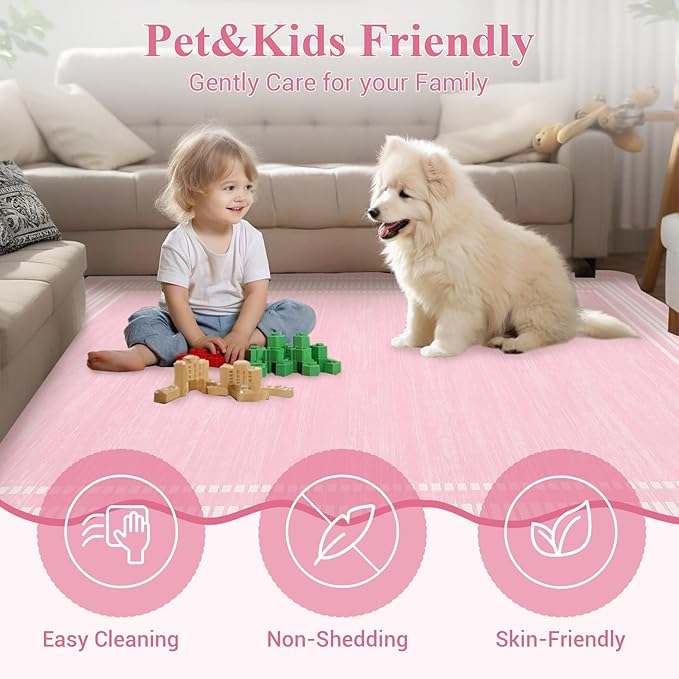 Garvee Washable Rugs 10x13 Area Rugs for Living Room Bedroom, Low Pile Ultra Soft Solid Neutral Carpet, Non Slip & Non Shedding Modern Scalloped Print Floor Mats for Home Decor, Pink
