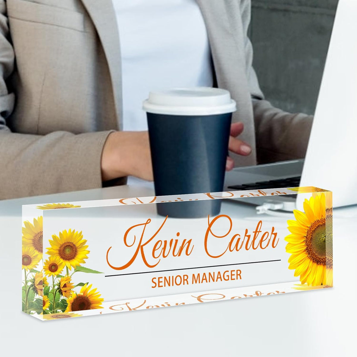 Name Plate for Desk Personalized, Acrylic Desk Decorations, Employee Appreciation Gifts, Custom Office Gifts for Coworkers, Boss, Teacher, Nurse (Sunflower)