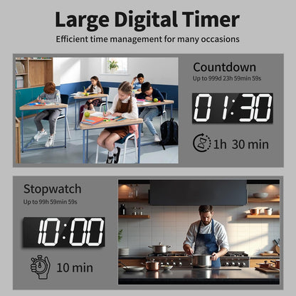 18.7'' Automic Digital Wall Clock, LED Digital Clock with Large Display, Multi-Function Wall Clock with Alarm and Timer, Auto Time Sync Clock with Adjustable Brigthness(White)