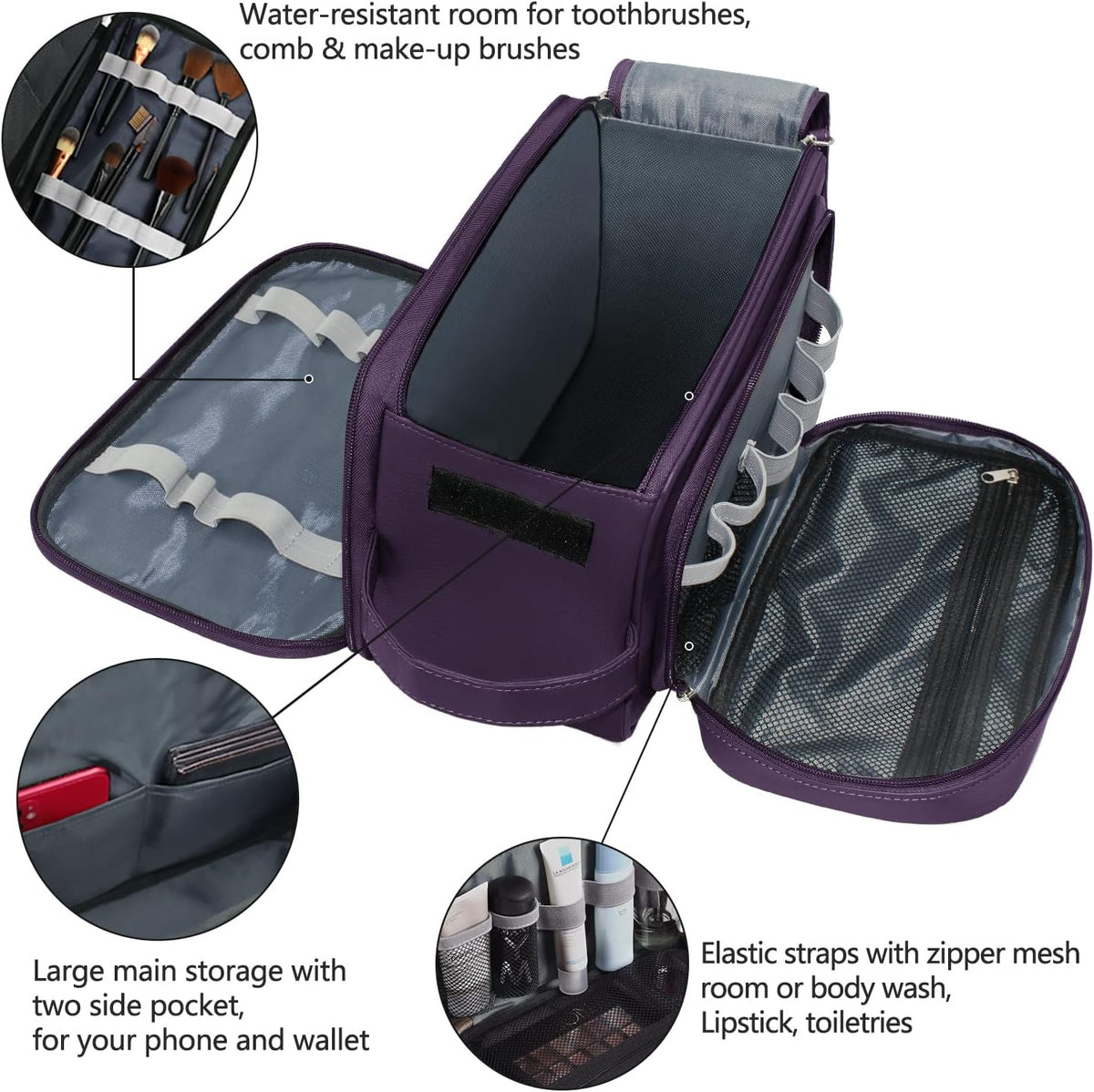 Buruis Extra Large Toiletry Bag for Men & Women, Travel Toiletry Organizer Dopp Kit Water-resistant Shaving Bags, PU Leather Cosmetic Bathroom Shower Bag for Toiletries, Accessories (Purple)