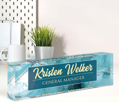 Name Plate for Desk, Desk Name Plate Personalized, Cyan Office Decor for Women Men, Acrylic Desktop Accessories, Office Gifts for Boss Nurse Teacher Coworker, Employee Appreciation Gift (Cyan Coast)