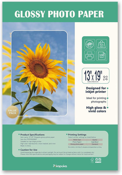 13x19 Glossy Photo Paper for Inkjet Printer, A3+ Big Photo Paper, Super B Size Full Sheet, 100 Pack, 200gsm/52lb,