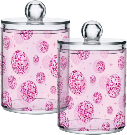 2 Pack Qtip Holder Organizer Dispenser Disco Balls Pink Bathroom Storage Canister Cotton Ball Holder Container for Cotton Pads/Swabs/Floss