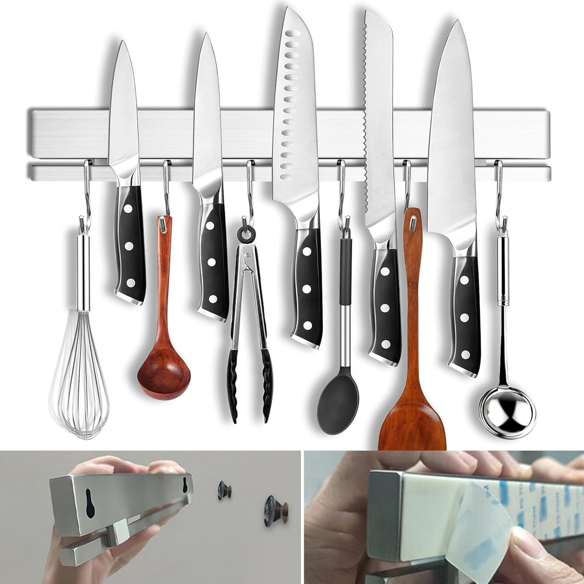 YIIYIIN 17 Inch Magnetic Knife Holder for Wall No Drill,Adhesive Knife Magnetic Strip with 12 Hooks,Kitchen Double Rods Stainless Steel Magnetic Utensil Holder(Silver)