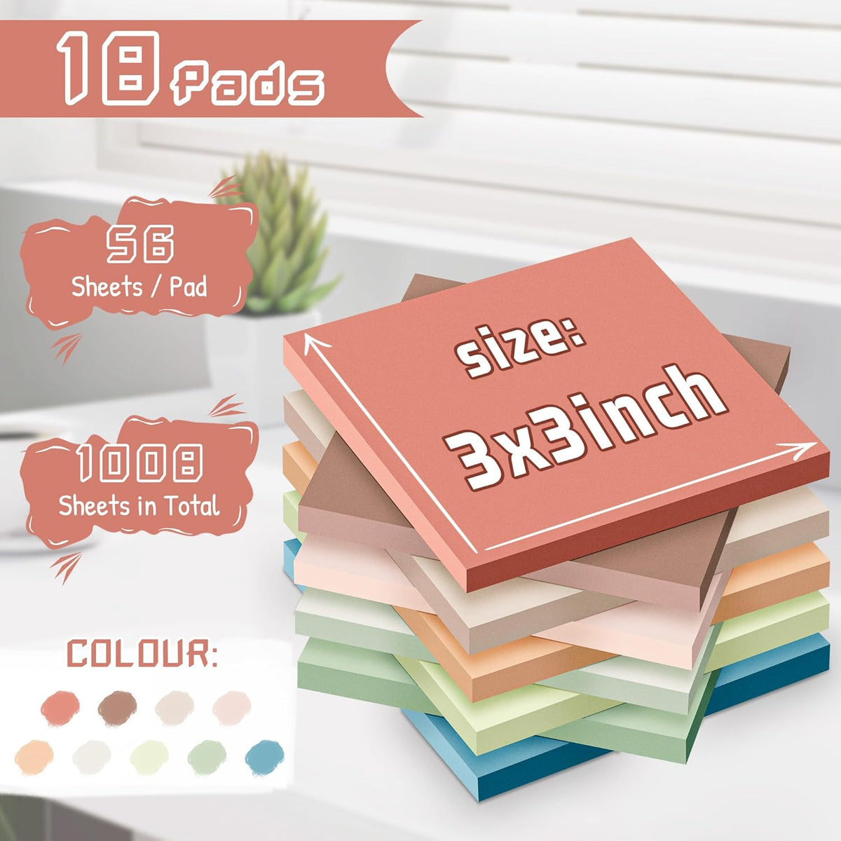 (18 Pack) Sticky Notes 3x3 in Post, Vintage Colors, Sticky Pads, Strong Adhesive, Recyclable, Self-Stick Pads, Easy to Post for Home, Office, Notebook