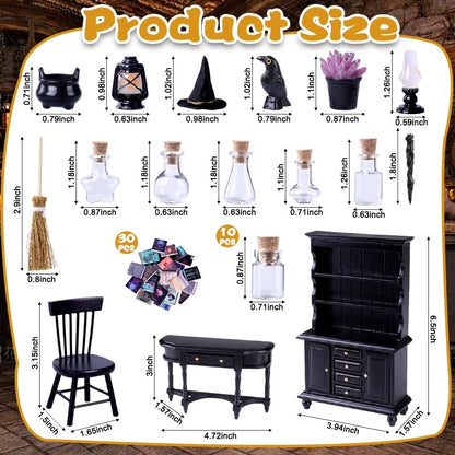 56 Pcs Halloween Miniatures Decorations 1:12 Scale Magic House Accessories Mini Wooden Bookshelf Furniture Set Tiny Sorcery Bottles Books Desk Chair Witch Hat Dollhouse Decor