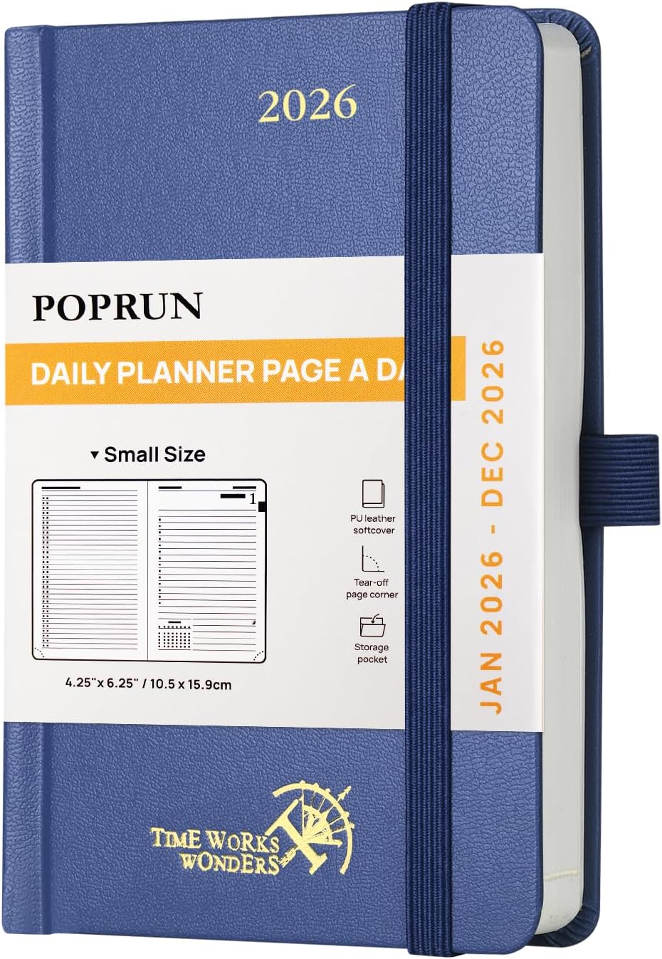 POPRUN 2026 Daily Planner One Page Per Day A6 Size Calendar (4.25" x 6.25") - 12 Months Hourly Appointment Book with Hardcover, Monthly Tabs, Pocket, Pen Holder - Navy Blue