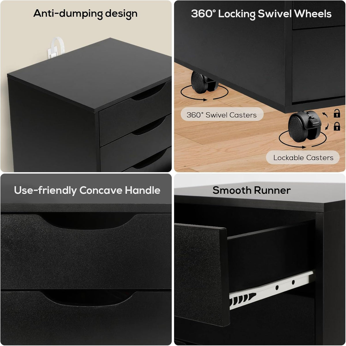 TUSY 5-Drawer Storage Cabinet, File Organizer with Caster Wheels, Chest of Drawers, Mobile File Cabinets, File Cabinets for Home Office, Under Desk Cabinet, Organization and Storage for Office, Black