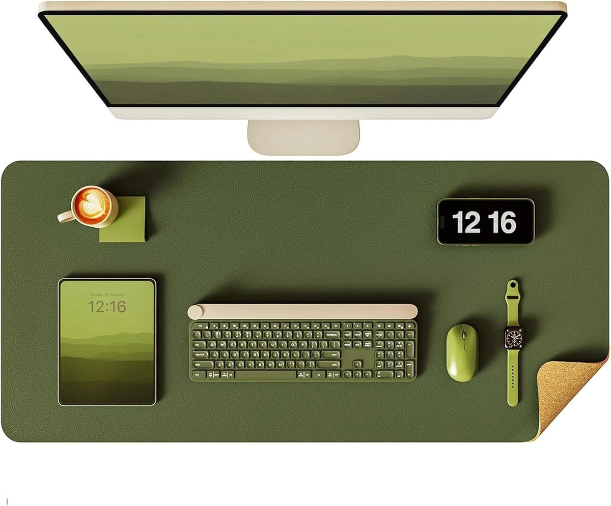YSAGi Double-Sided Desk Pad, 35.4"x17"Leather Desk Mat, Eco Cork Desk Pad Protector,Large Mouse Pad,Waterproof Desk Blotter for Office/Home(Olive Green)