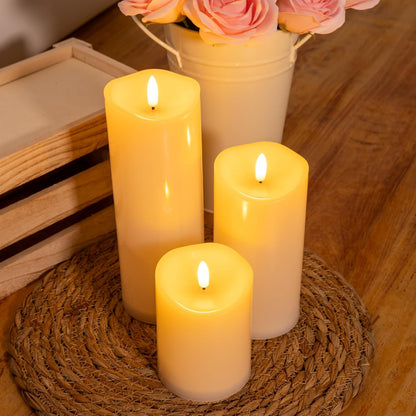 Outdoor Flameless Candles with Remote Timer - Waterproof Realistic Flickering LED Pillar Electric Battery Operated Fake Candle for Holiday Home Wedding Fireplace Decor - Ivory 3 Pack (D3”H4”6”8”)