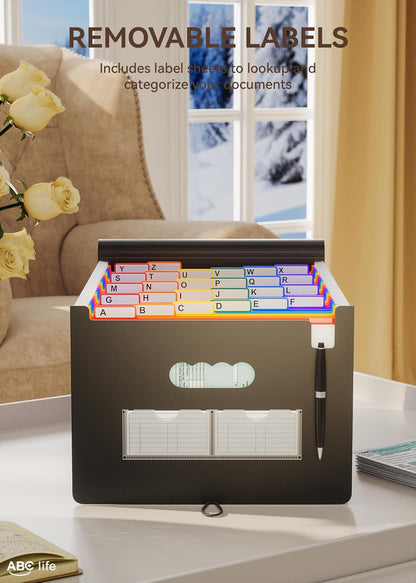 ABC life 26 Pockets Accordion File Organizer, Expanding File Folders, Portable Monthly Bill Receipt Organizer with Colorful A-Z Tabs, Desktop Folders Letter A4 Paper Document Storage for Home Office