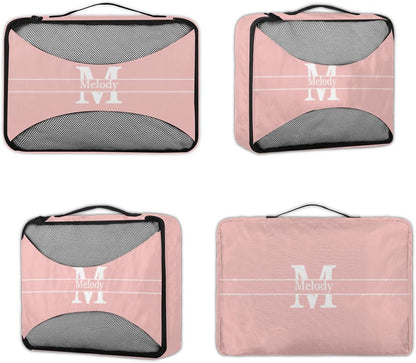 Custom Packing Cubes with Name, 4Pcs/Set Travel Luggage Packing Organizers Set for Women, Pale Pink Background with Initial Letter